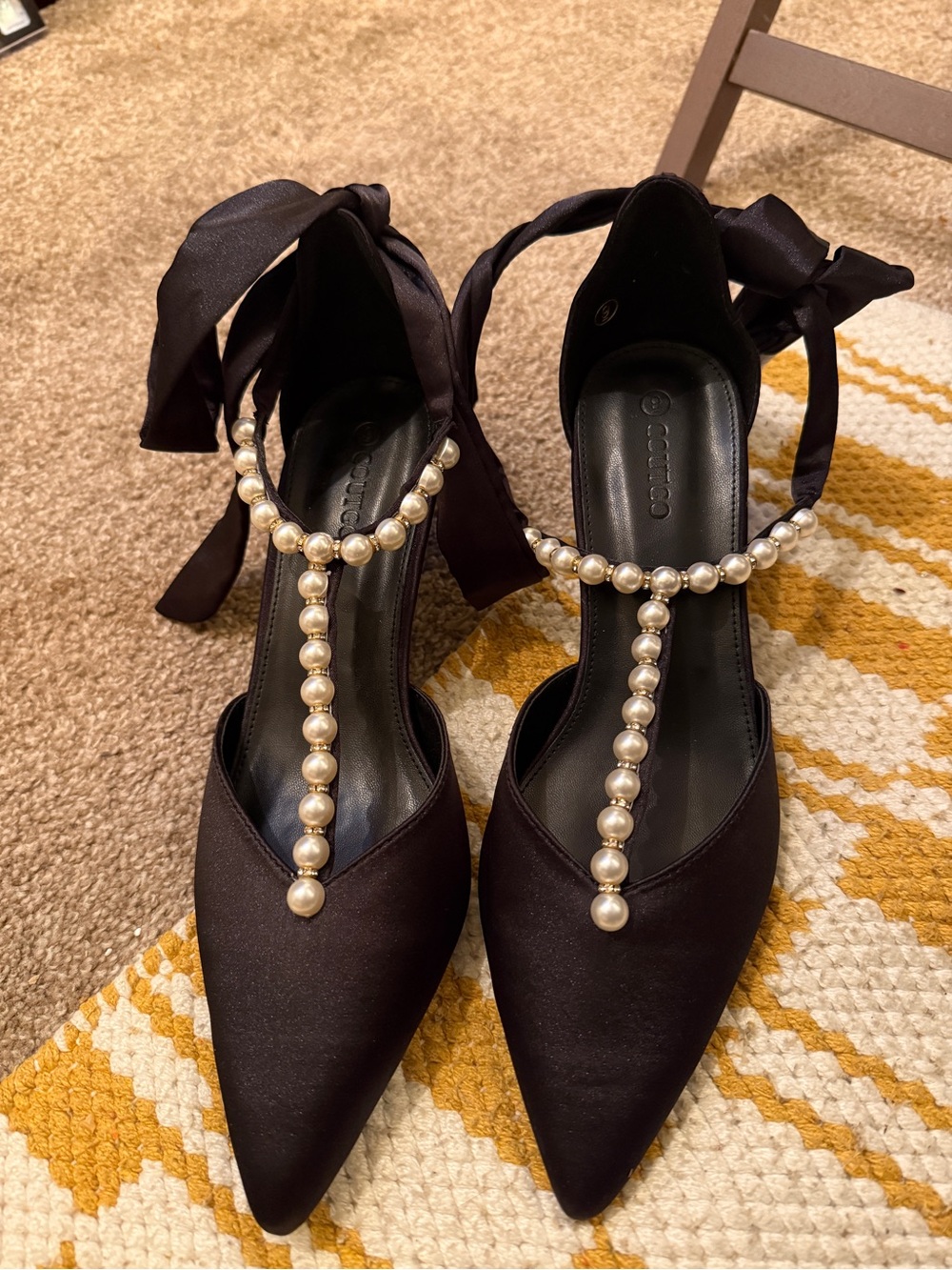 Pearl-T Strap Black Satin Pointed Heels with Ankle Ribbon